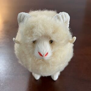 Vintage Woolen Mill Standing Real Wool Long Horn Sheep Ram Figurine White Fuzzy